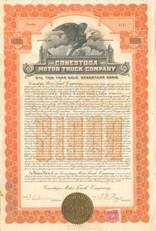 Conestoga Motor Truck Co. - Bond (Uncanceled)